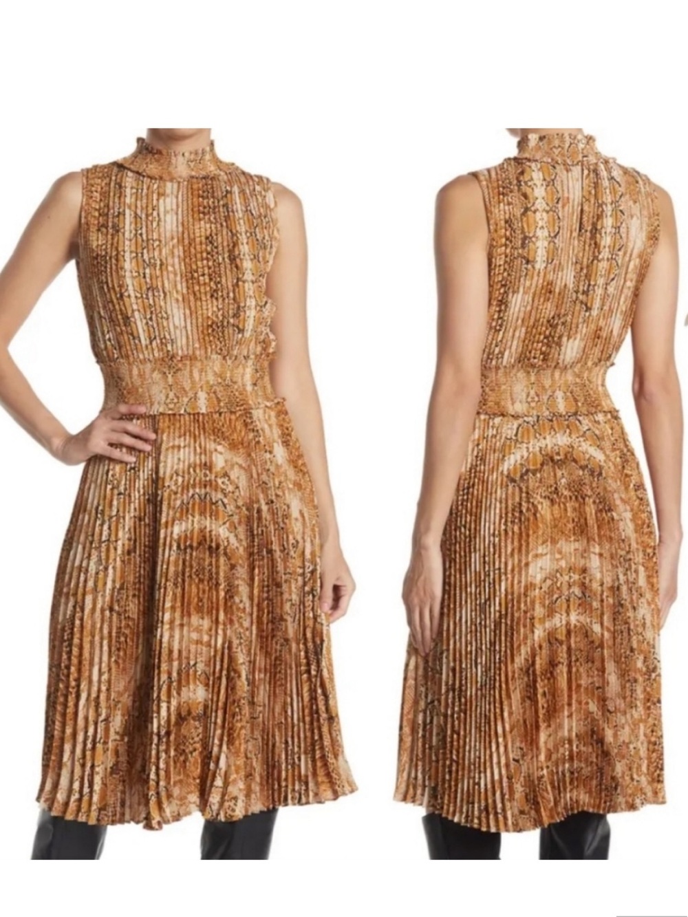Nanette Lepore Snakeskin Pleated Smocked Mock Neck Midi Dress